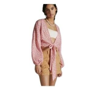 Anthropologie Pink Polka Dot Tie Front Crop Top One Size Sheer Boho Blouse EUC